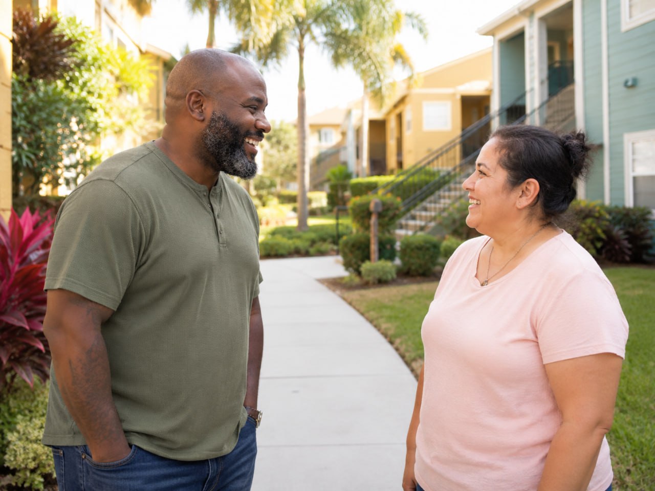 Neighbors talking outside their community